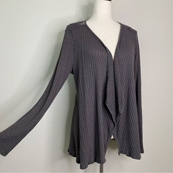 Knox Rose Boho Crochet Back Gray Open Front Cardigan - Picture 2 of 12